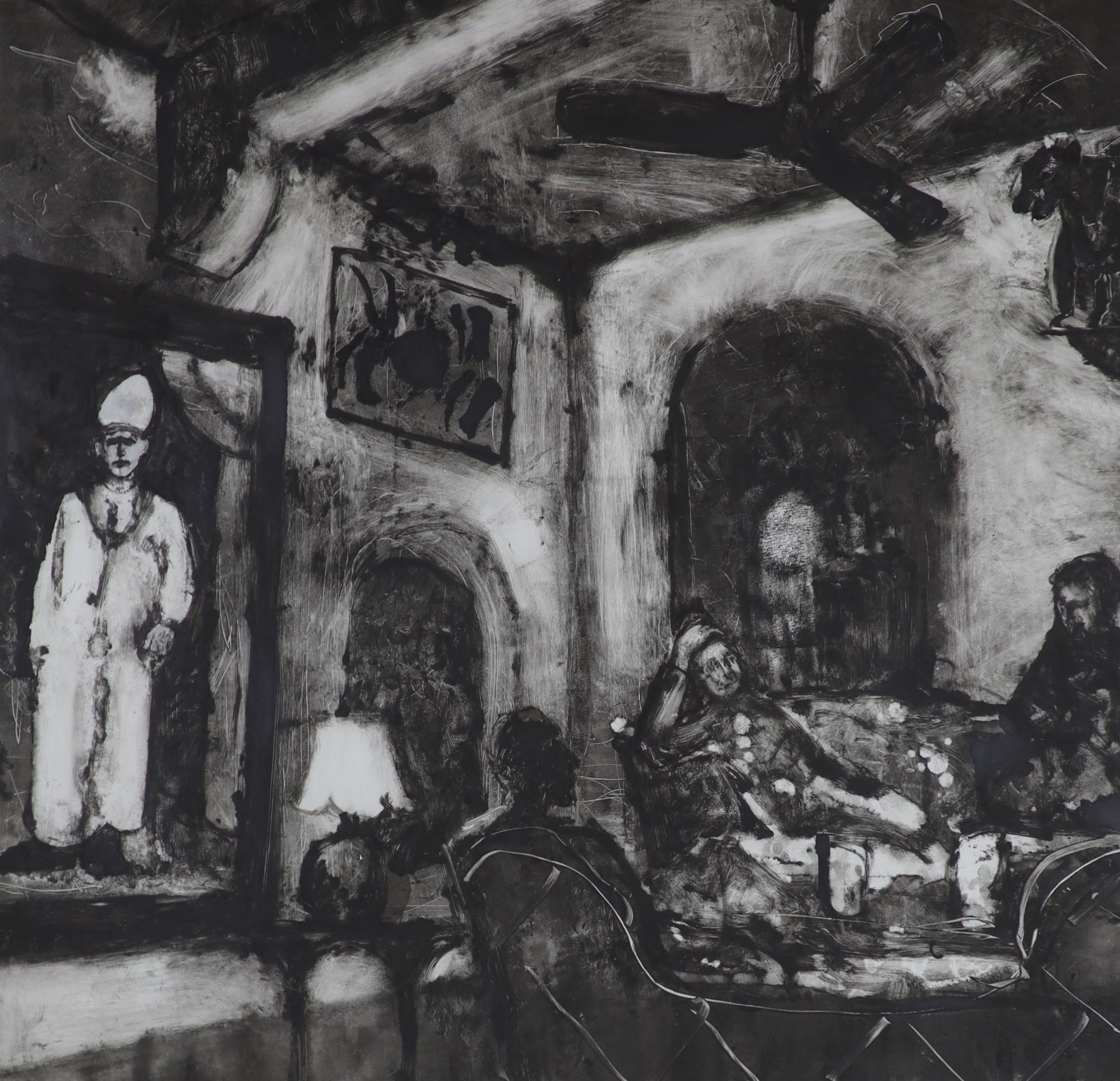 Peter Spens (20th C.), monotype on paper, Bissau Palace Hotel, Jaipur 1992, signed and dated 1/1, 59 x 59cm